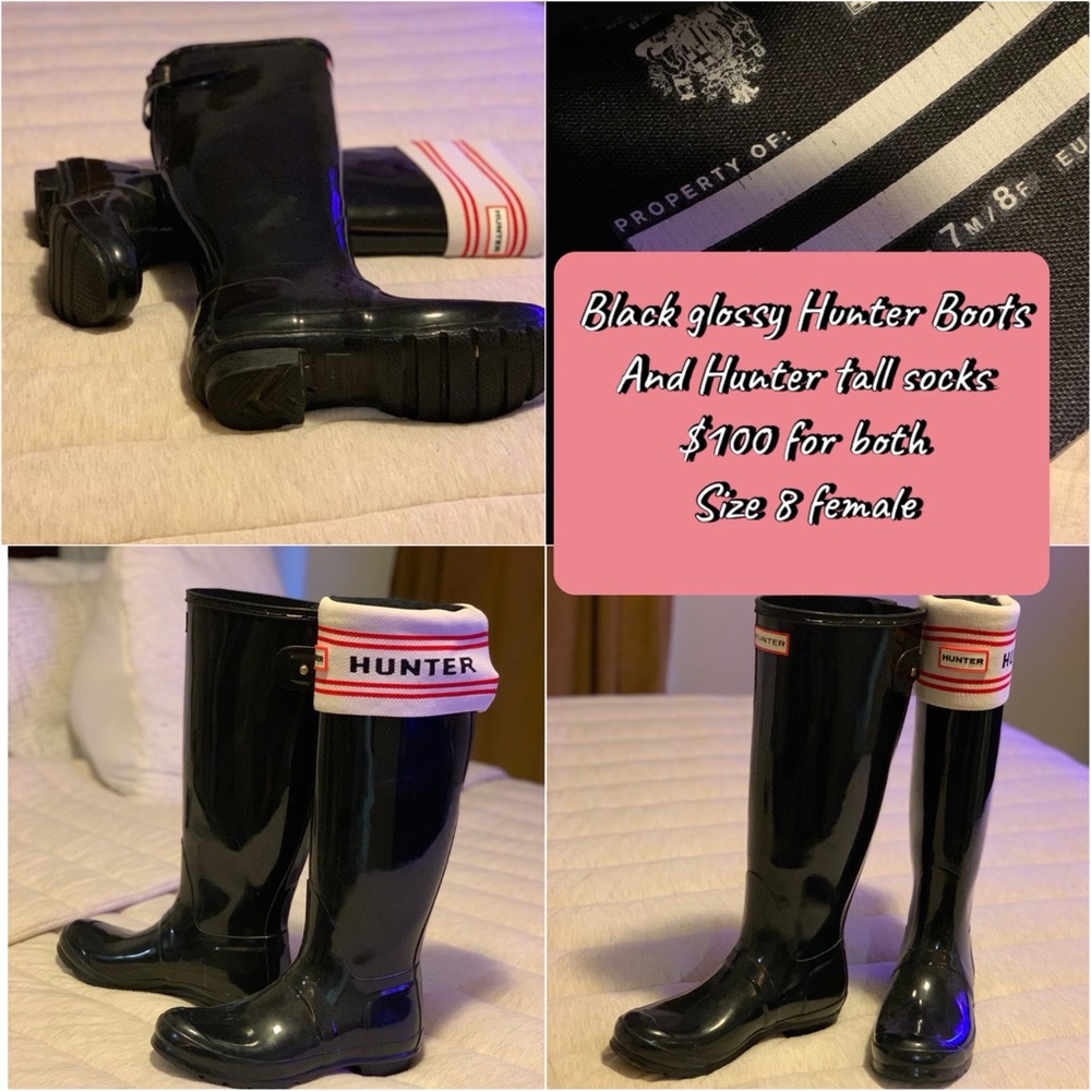 Glossy black tall hunter boots and socks